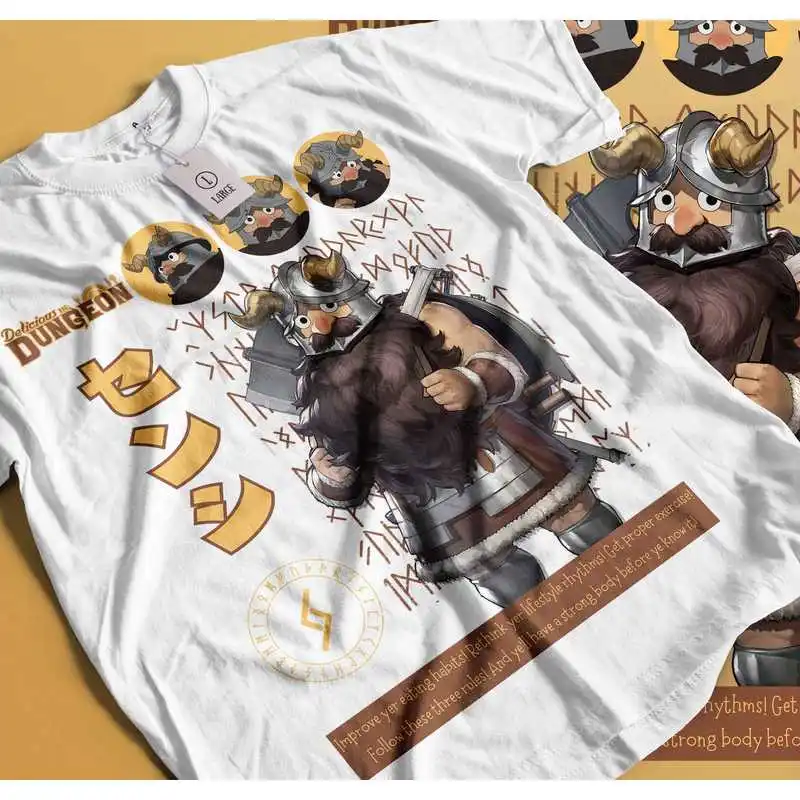 Delicious in Dungeon Vintage Unisex T-shirt , Laios Touden Dungeon Meshi Print Short sleeve Graphic Tee Anime Lovers Gift Shirts