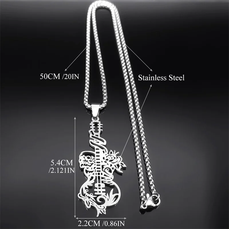 Attractive Rock Guitar Skull Flower Musical Necklace for Women Men Stainless Steel Hip Hop Music Chain Gift Jewelry NZZZ519S06