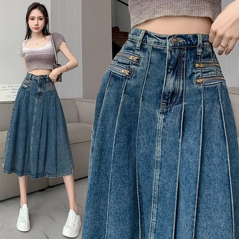 Elegancka dżinsowa plisowana spódnica damska z wysokim stanem Harajuku koreańska długa spódnica w stylu a-line dla uczenniczki na co dzień Faldas
