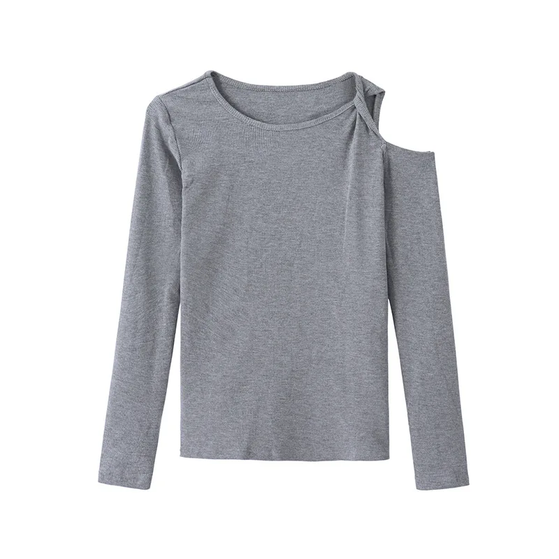 Spring and Autumn Long Sleeve Solid Color Top Design One Off-the-shoulder Spice Round Neck T-shirt  Slim Bottom Shirt