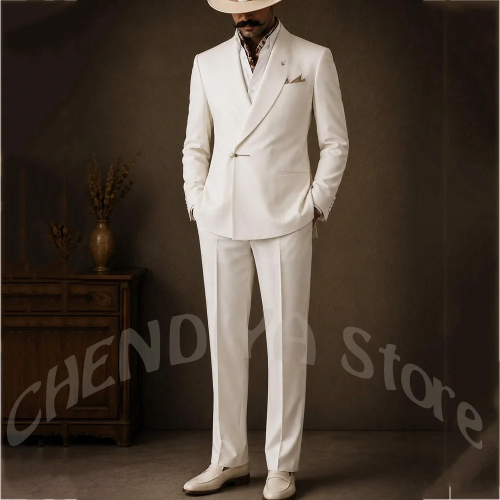 Pure White Formal Men Suit Designer Two Piece Shawl Lapel Straight Single Button Jacket Pants Outfit Groom Wedding Set Trendy