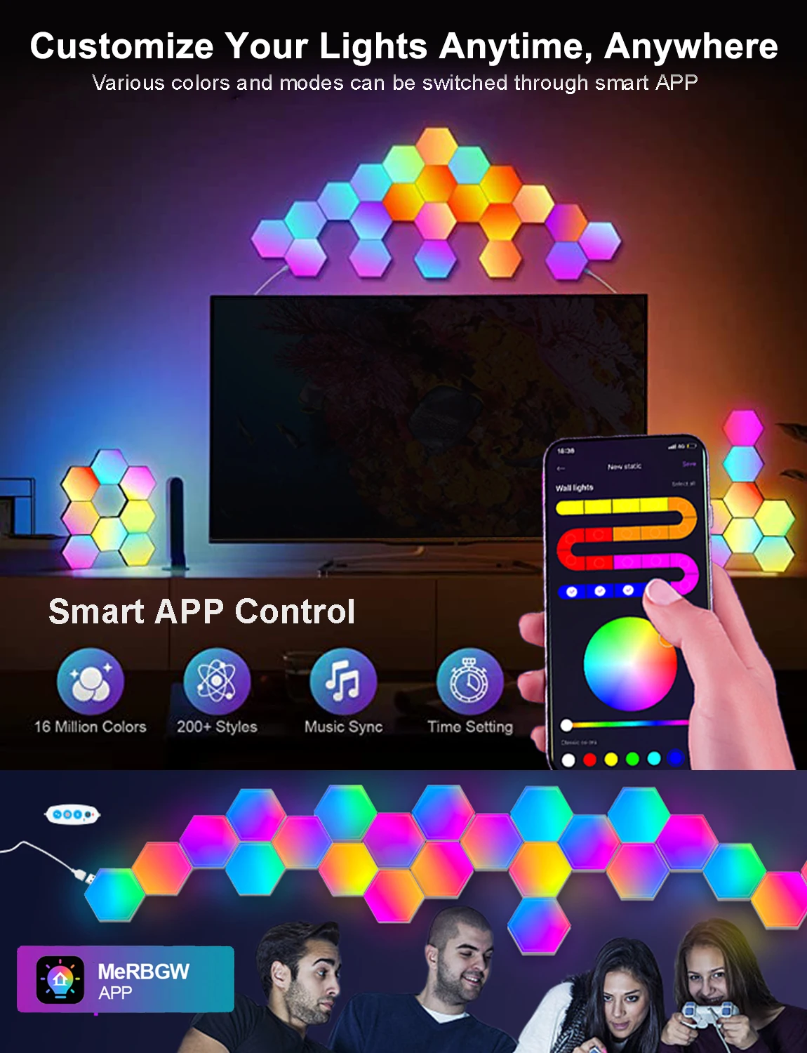 Fivemi RGB Inteligentna sześciokątna lampa ścienna zmieniająca kolor Ambient Night Light Hexagonal DYI Music Rhythm APP Control Pokój gier Sypialnia