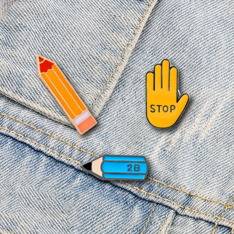 Cartoon Pencil Stop Sign Hand Brooch Lapel Enamel Pin Jeans Jackets Collar Decoration Pins Colorful Badge Jewelry Students Gifts