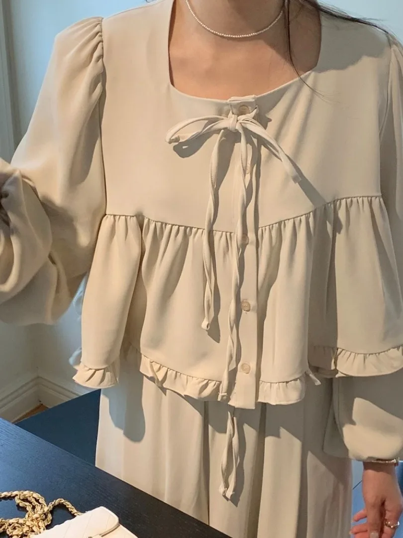 

Женский модный комплект, винтажный дизайн с рюшами, квадратный воротник, драпировка, свободные широкие брюки, костюм из двух предметов, шикарная осенняя одежда