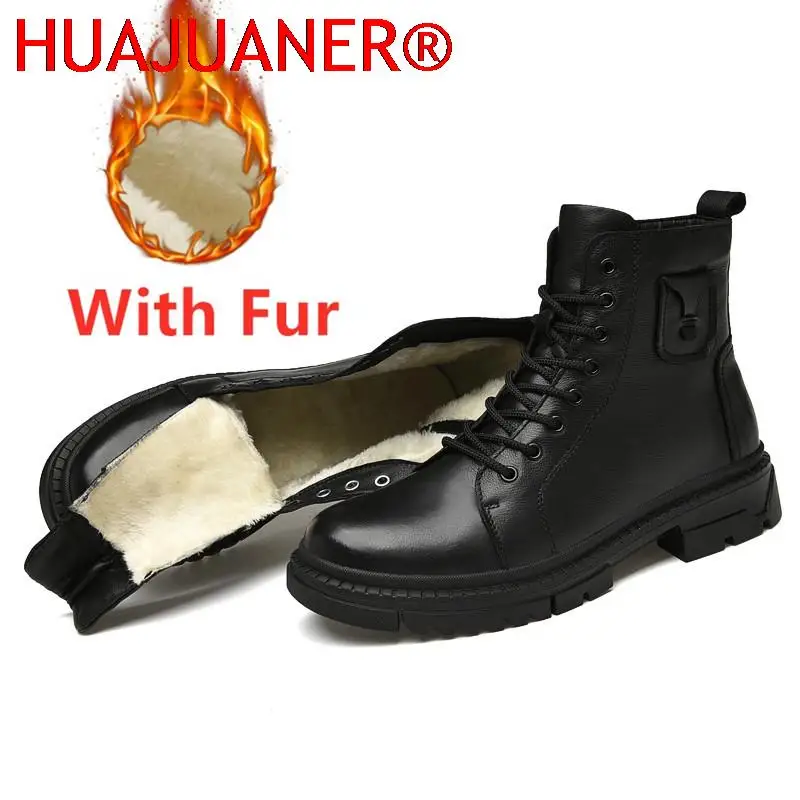 

Luxury Boots Men Winter Shoes Black Genuine Leather Boots Mens Tactical Footwear Brand Warm Plush Winter Boots For Men