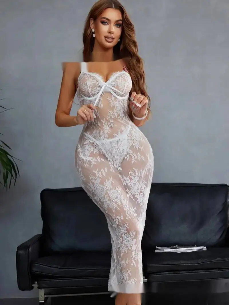 Nuevo vestido largo sin mangas con tirantes en V profundo y espalda descubierta bordado de flores de malla de encaje Sexy para mujer estilo Casual fino puro deseo GUT0