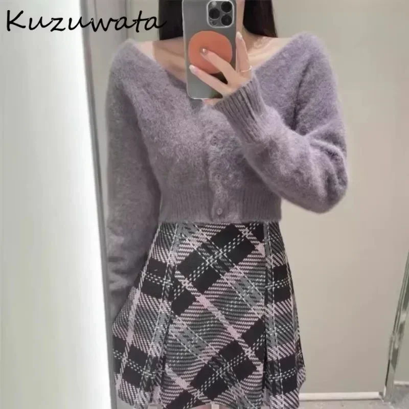 Kuzuwata New Vintage A-line Ruched Plaid Skirt High Waist All-match Wool Tweed Falda Japan Slim Minority Office Lady Mujer Falda