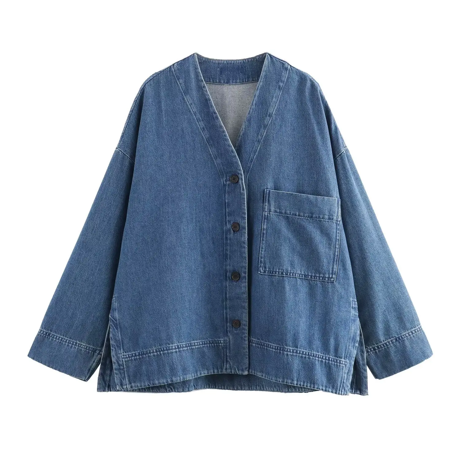 Women\'s Long Sleeved Denim Jacket V-neck Single Breasted Side Slit Commuter Temperament Casual Shirt New