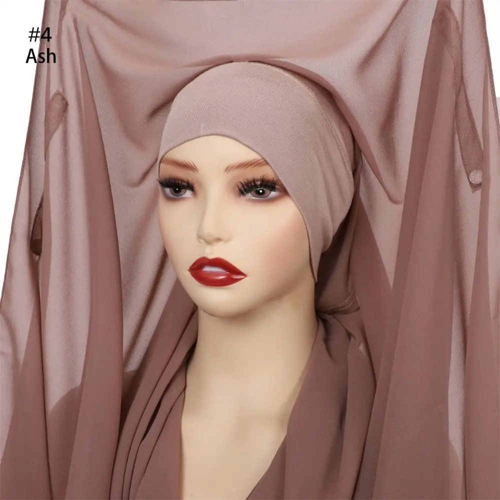 2in1 Instant Chiffon Hijab Scarf Bulit-In Magnets Solid Color Muslim Long Headscarf Comfortable Full Cover