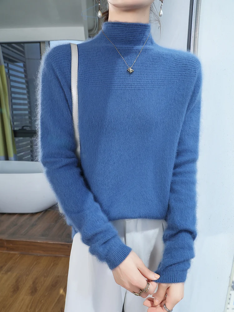 

Женский осенне-зимний базовый свитер из 100% норкового кашемира, вязаный, с воротником-стойкой, однотонный пуловер, элегантный, простой, стройнящий, верхняя одежда