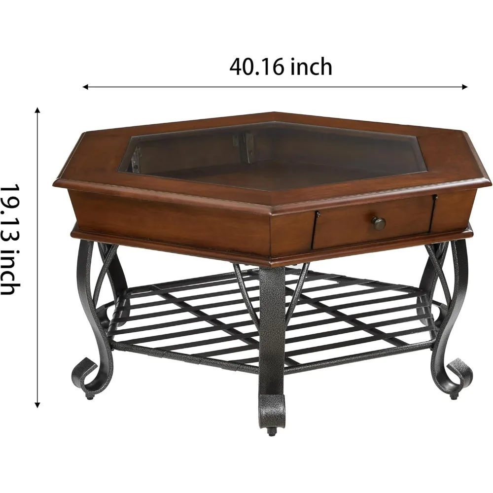 طاولة قهوة خشبية سداسية كلاسيكية مع سطح زجاجي، طاولة قهوة عتيقة من طبقتين مع درج وساق معدنية لغرفة المعيشة