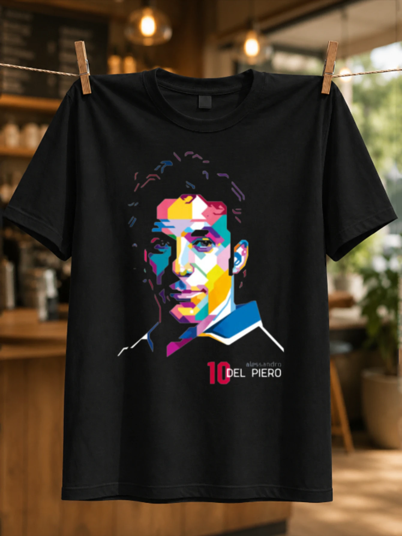 Alessandro Del Piero 10 portrait géométrique coloré avec texte numérique audacieux, héros du football moderne, t-shirt unisexe