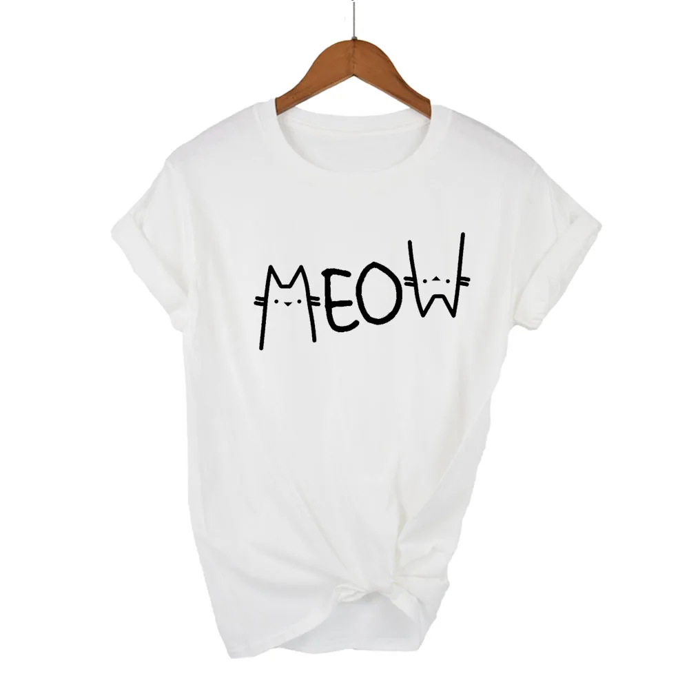 Meow Cat Print T Shirt Women Short Sleeve O Neck Loose Tshirt Summer Women Tee Shirt Tops Camisetas Mujer