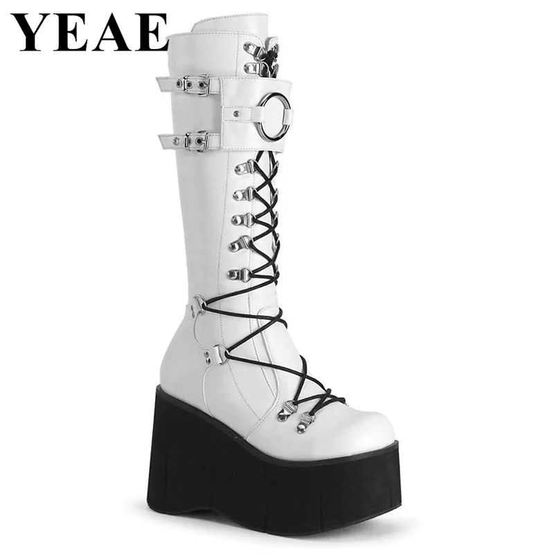 Thick Sole Cross-tied Mid Calf Boots Women Platform Wedges Gothic Shoes Super High Heel Black White Sexy Knight Boots Large Size