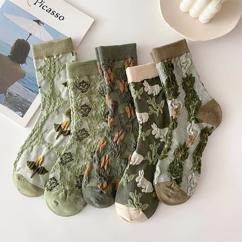 

4 Double Green floral socks women's media tube socks ins tide autumn Korean Japanese retro pattern stockings women