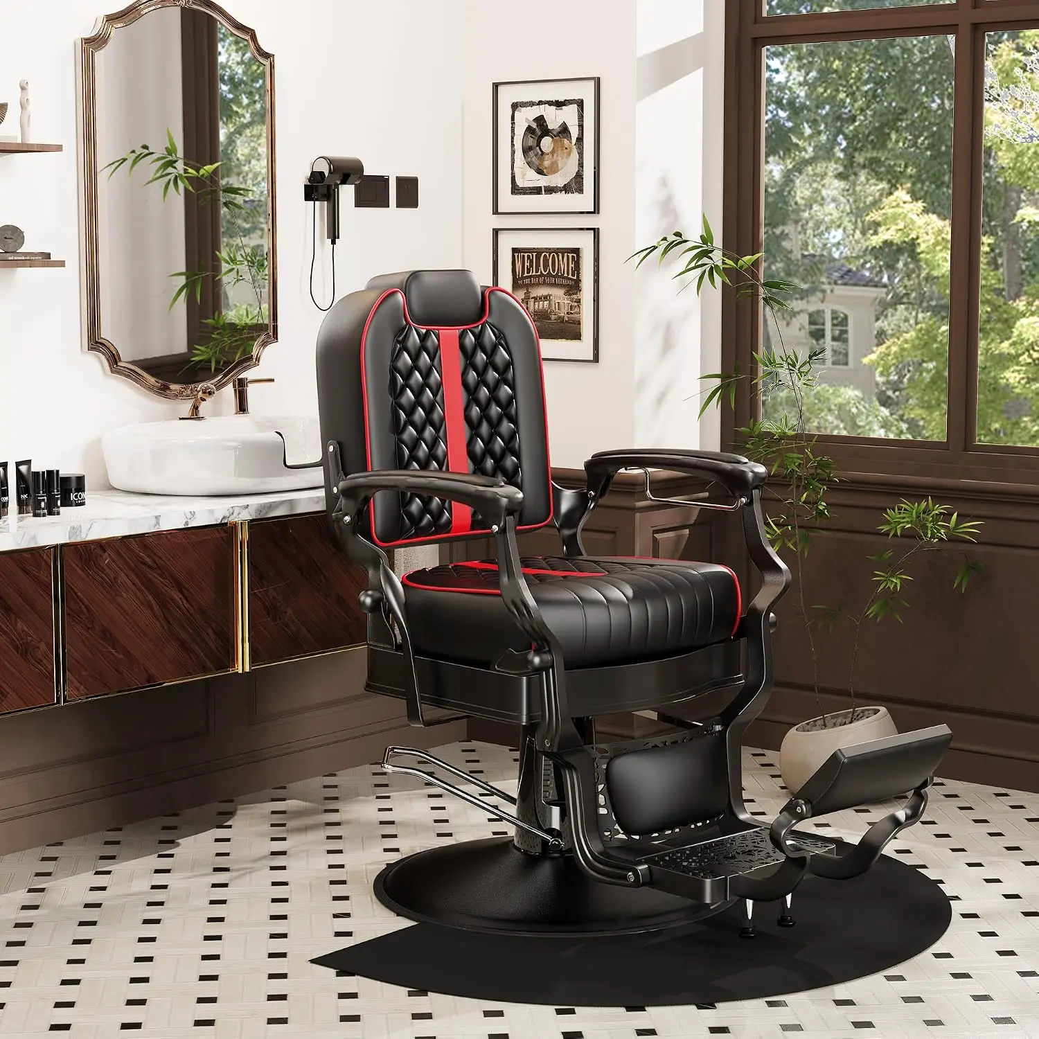 Professional Reclining Barber Chair with Adjustable Headrest, Hydraulic Heavy-Duty Base, Soft Upholstery & Thick, Customized