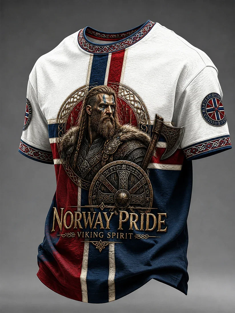 2027 Summer Best-selling Danish Men's Retro Viking Style 3D Printedout Sports Breathable Quick-Dry T-Shirt Family Style Top