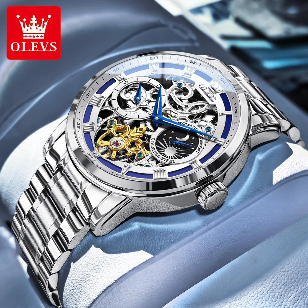 

Мужские роскошные часы OLEVS, оригинальные повседневные механические часы-скелетон с фазами луны, подарочная коробка, модель 6670