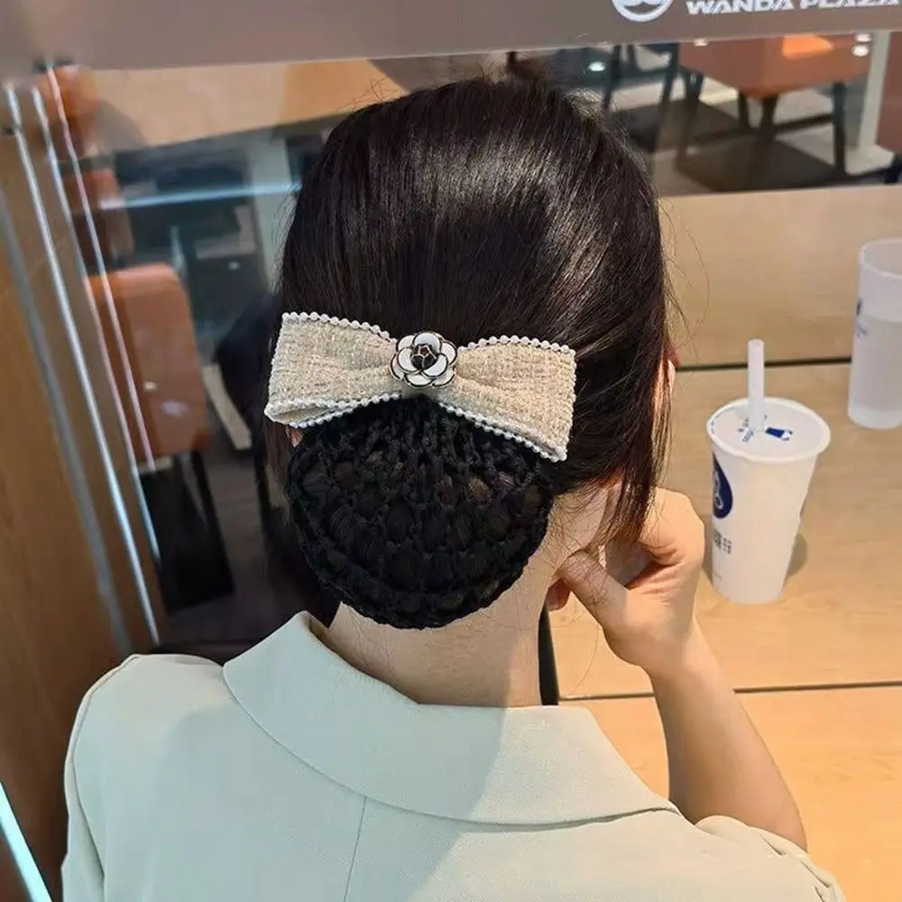 

Ponytail Clip Pearl Flower Camellia Hotel Professional Headdress Korean Bun Snood Hairgrips Cover Net Women Spring Clips