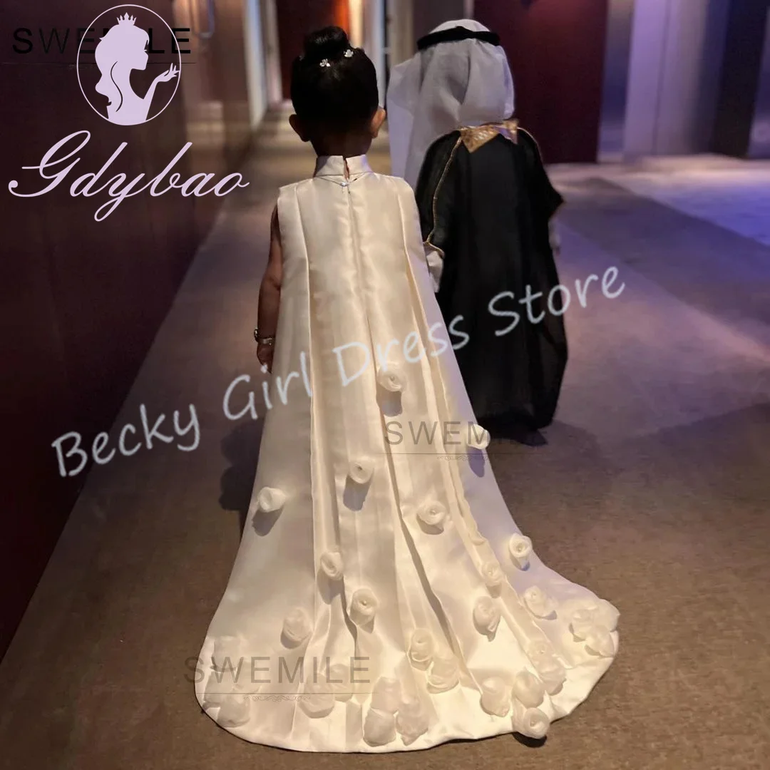 Индивидуальные платья цвета слоновой кости для девочек на свадьбу, атласное платье с высоким воротником и 3D цветами, элегантное детское платье для подружки невесты для первого причастия, выпускного вечера