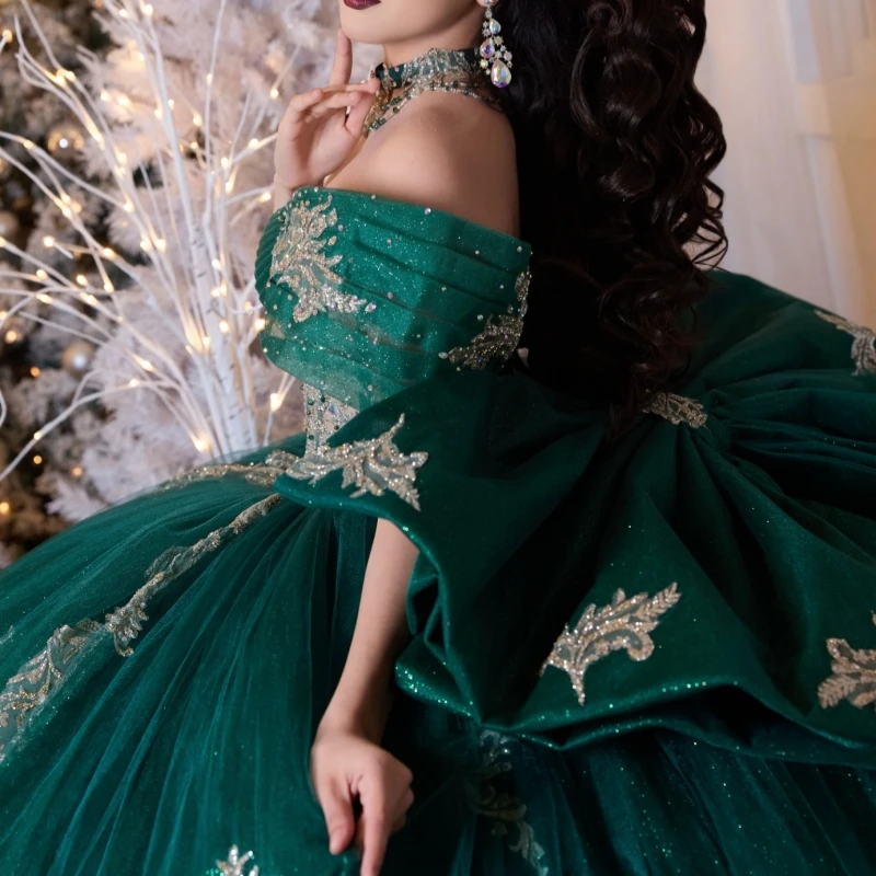 Vert foncé brillant Quinceanera robes hors de l'épaule or Applique dentelle perles arc princesse luxe doux 16 robe vestidos 15