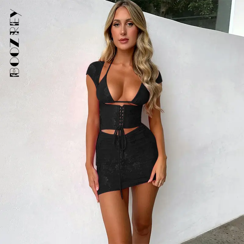 BoozRey 2023 Summer Sexy 3 Pieces Dress Set Fashion Women\'s Hollow  Halter Short Sleeve Bandage Slim Lace Corset Mini Dresses