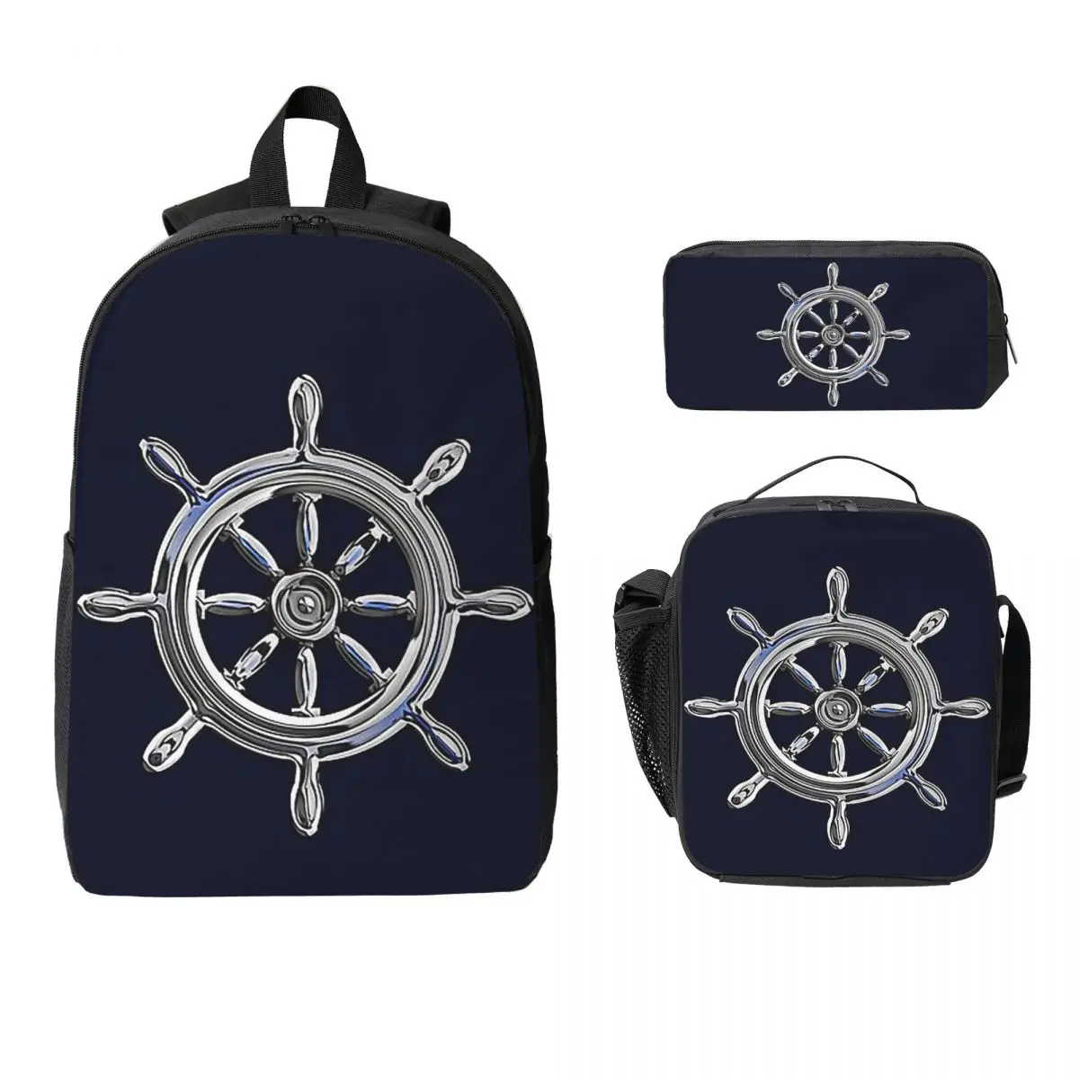 

Chrome Style Nautical Wheel Appliqu Backpack Boy Girl BookBag School Bag Laptop Shoulder Bag 3ps Insulated Lunch Bag Pencil Case