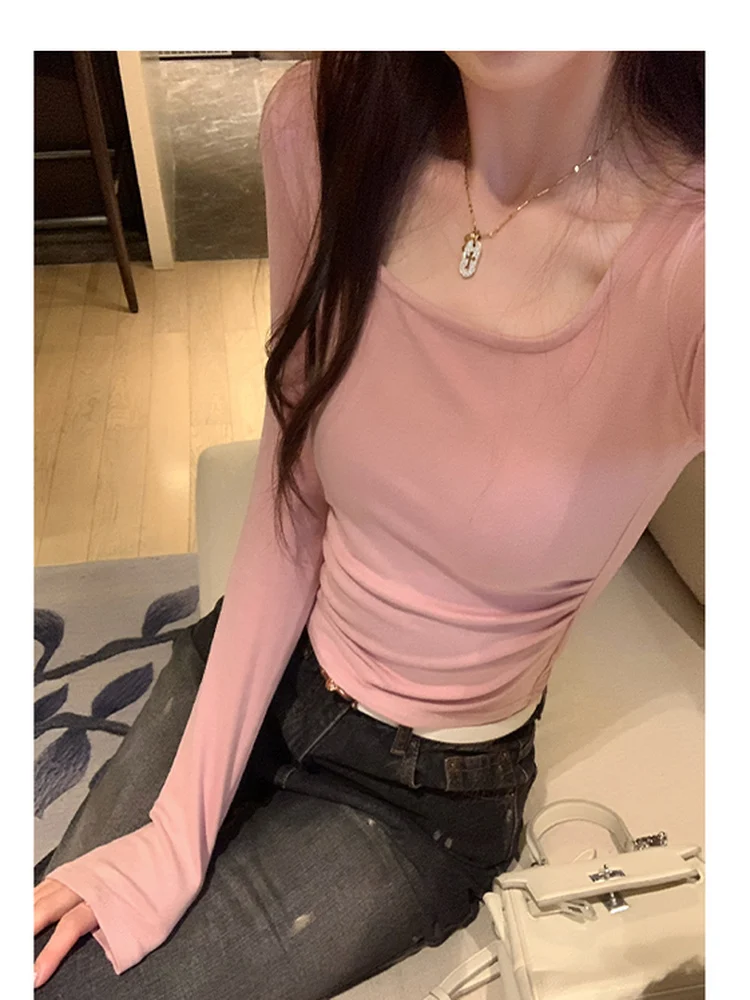 レディース ロングスリーブ Tシャツ 韓国風 ウエストシェイプ スクエアカラー プリーツベース おしゃれ ユニーク 美しいトップス