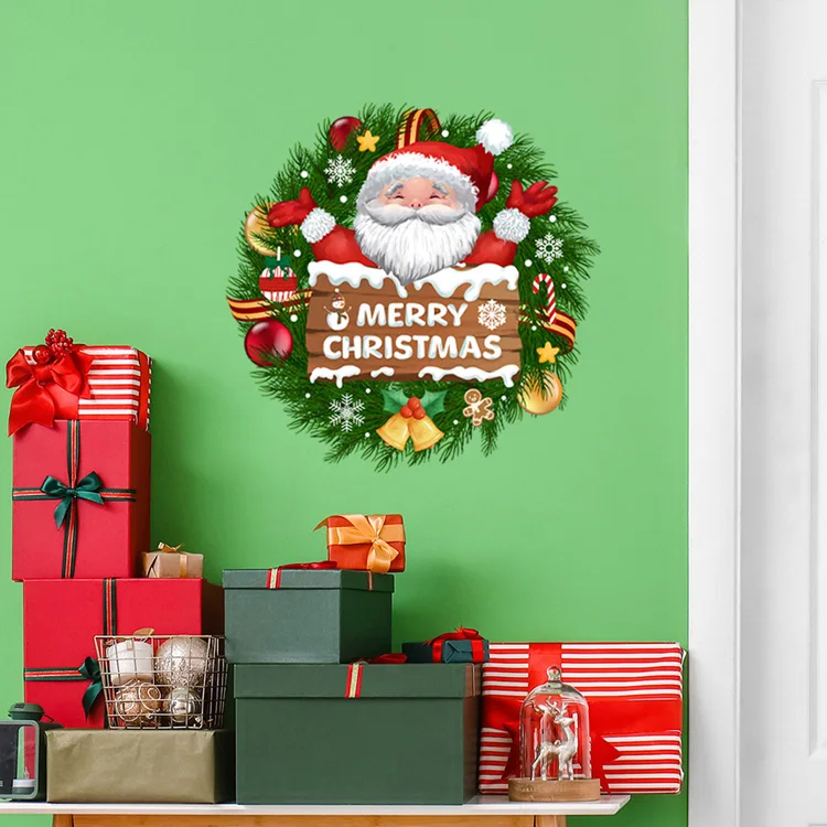Weihnachtsmann-Kranz-Glocken-Wandaufkleber für Wohnzimmer, Tür, Heimdekoration, Wandbild, Glasfenster, Neujahrsdeko, selbstklebende Aufkleber – Detail 5