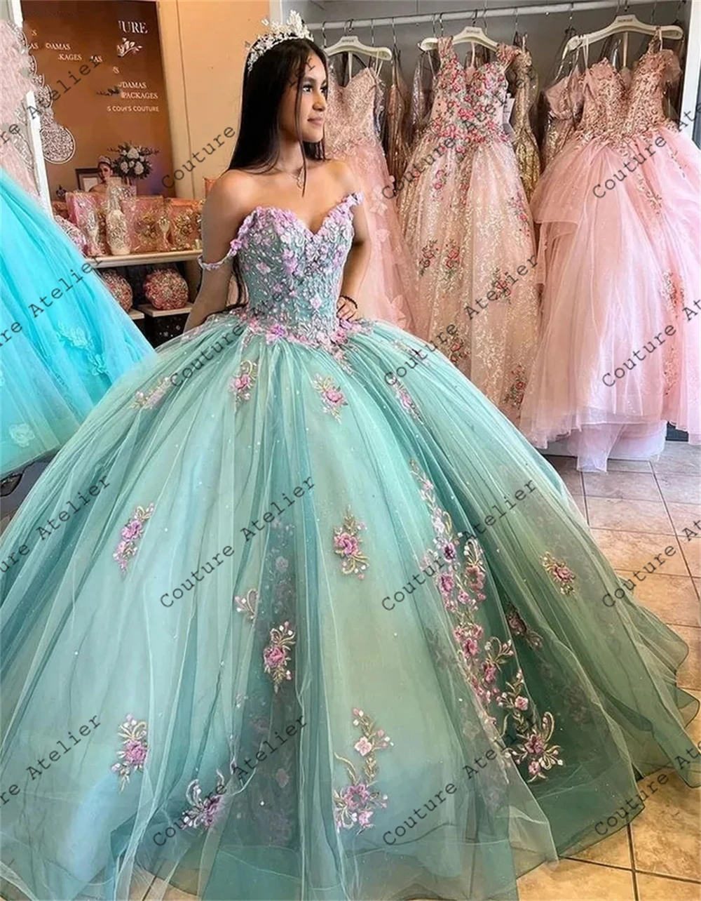 Vestidos de quinceañera azul Lago, apliques de flores 3D rosas, vestido de baile de cumpleaños, vestido de tul con cordones, dulce 16 vestidos, 15