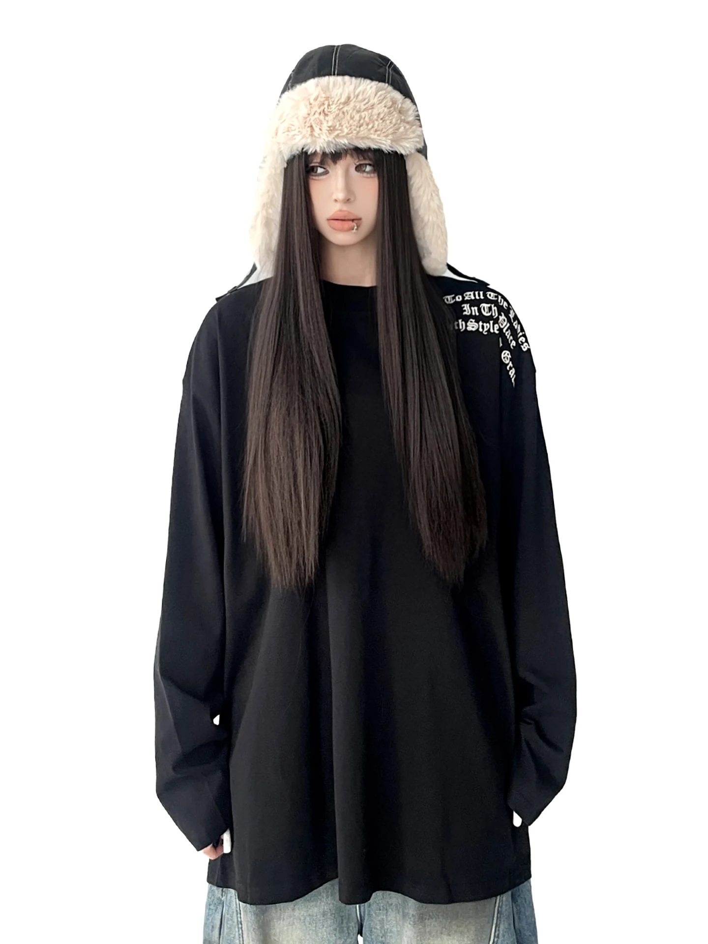 حصيرة نقية اللون تي شيرت المرأة فضفاض غطاء طويل بعقب أعلى القطن 00% جولة Ne ort Sve تصميم إلكتروني مطبوع