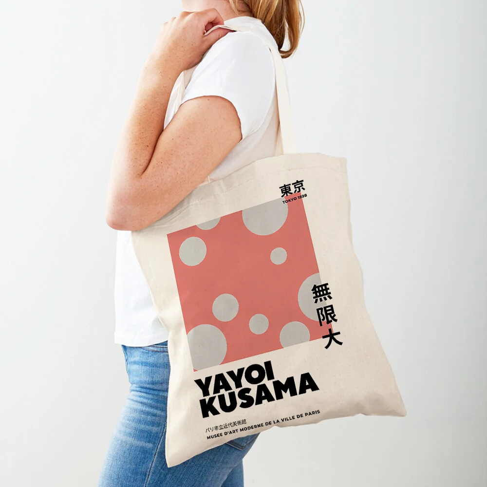 Yayoi Kusama Pumpkin Abstract Modern Supermarket Shopper Bags Nordic Girl Lady Tote Handbag Both Sided Canvas Shopping Bag