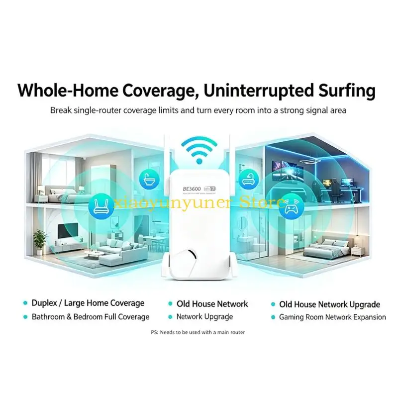 P9JB Broad Household Coverage WiFi 7 Extender with 2.4GHz 5GHz Design, Four Antennas and Direct Outlet-Mount Installation for