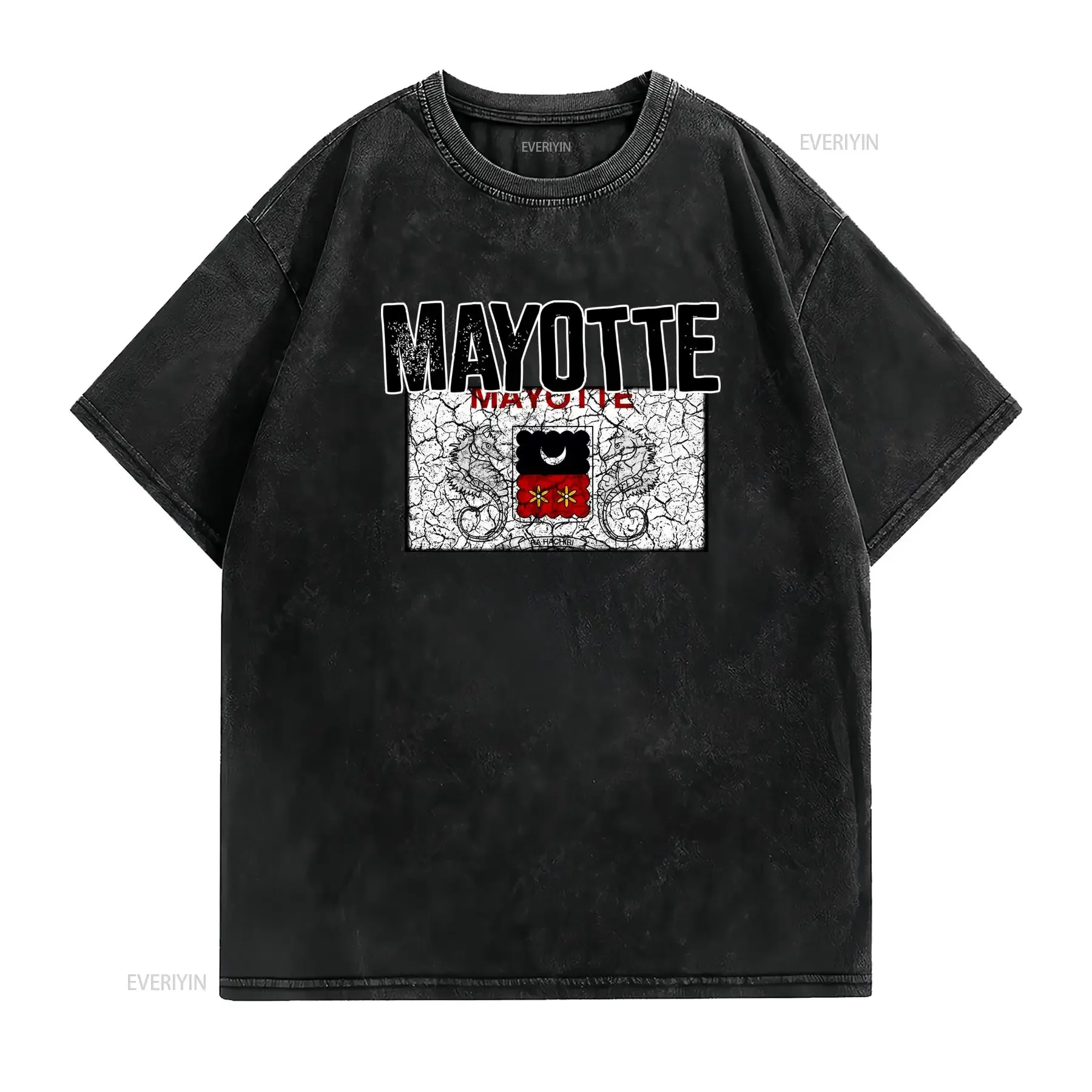 Vintage Mayotte Coat of Arms Seahorse Cracked Print Casual T Shirt vintage Washed Unisex Top For Everyday Wear Soft fashion