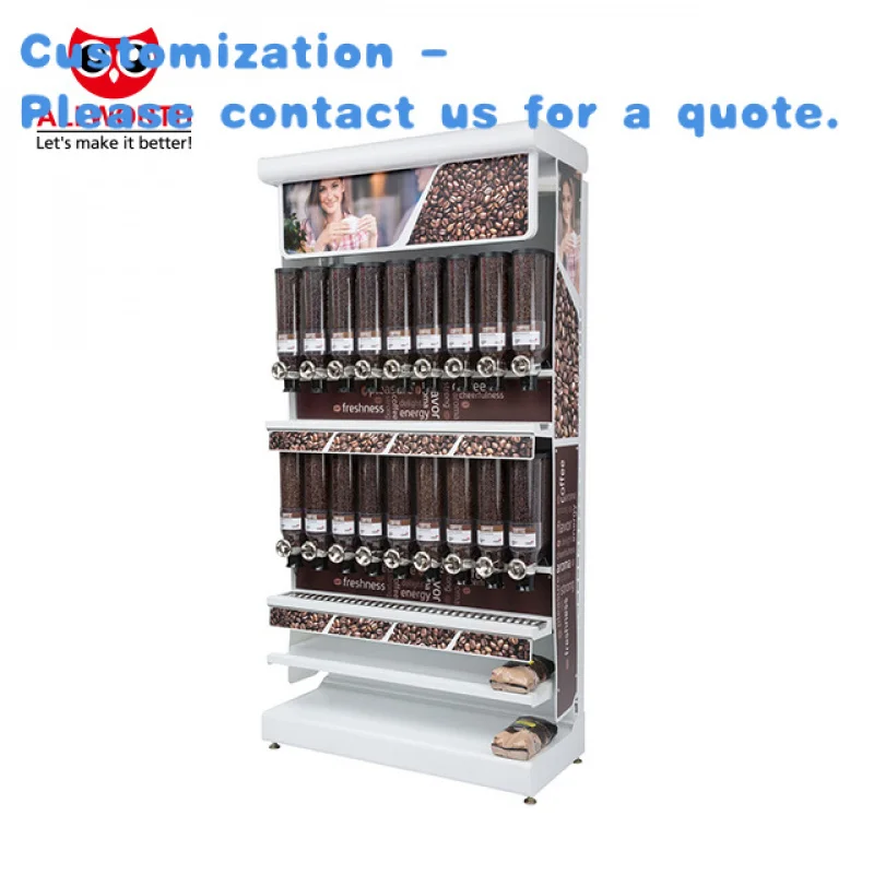 

Металлическая витрина на заказ. Магазин объемных подставок для пищевых продуктов с коробками, орехами, кофейными зернами, конфетами.