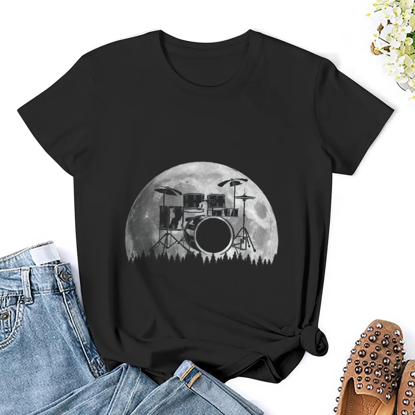 Drum Silhouette Musician Drummer Sci-Fi Style Drum Women Shirt Graphic Shirt Casual Short Sleeved Female Tee T-Shirt Size S-4XL