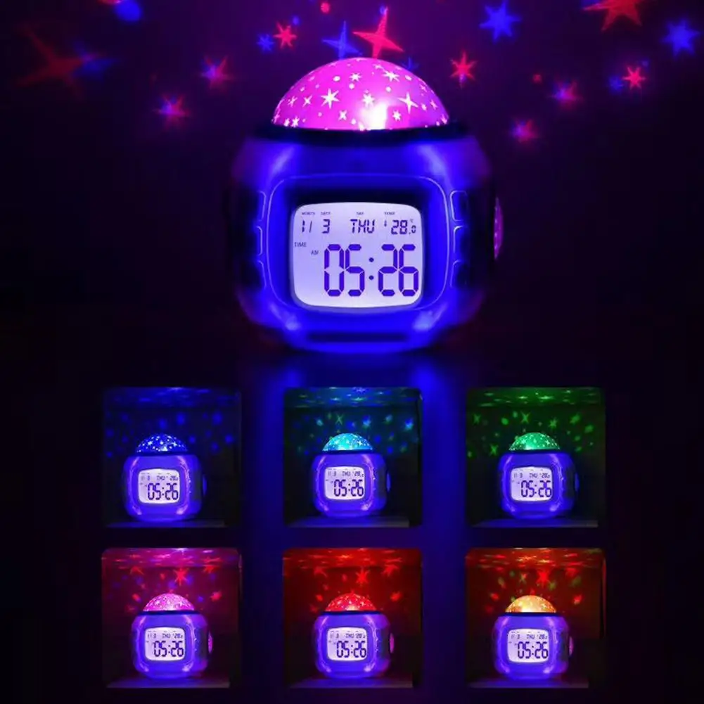 Music Alarm Clock Color Change Sky Star Projector Night Lamp Glowing Calendar Temperature Display Timer Clock for Children