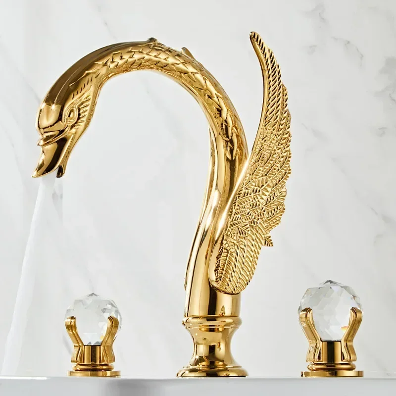 Full copper gold three-hole basin faucet, hot and cold crystal handle creative luxury swan bathroom cabinet faucet bathroom