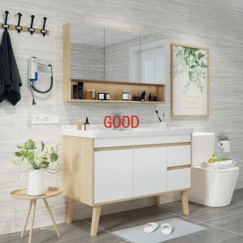 Nordic Multi-layer Floor Solid Wood Bathroom Cabinet Ceramic Basin Wall Bathroom Vanity Cabinets Under Sink Bathroom Furniture