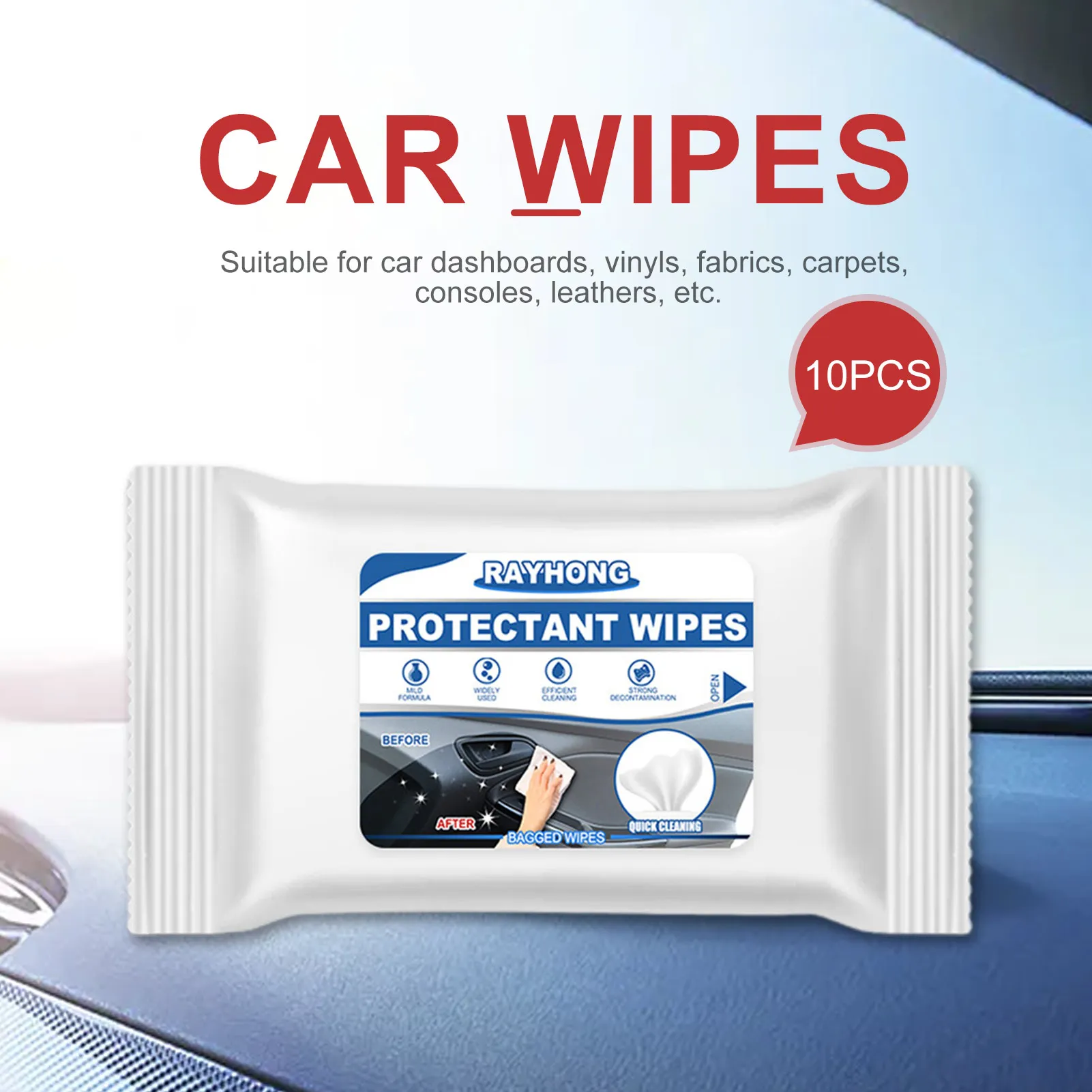 Car Wet Wipes Cleaning Windshield Glass Leather Maintenance Wet Wipes For Car Interior Seat Dashboard Cleaning Care Wipes 10Pcs