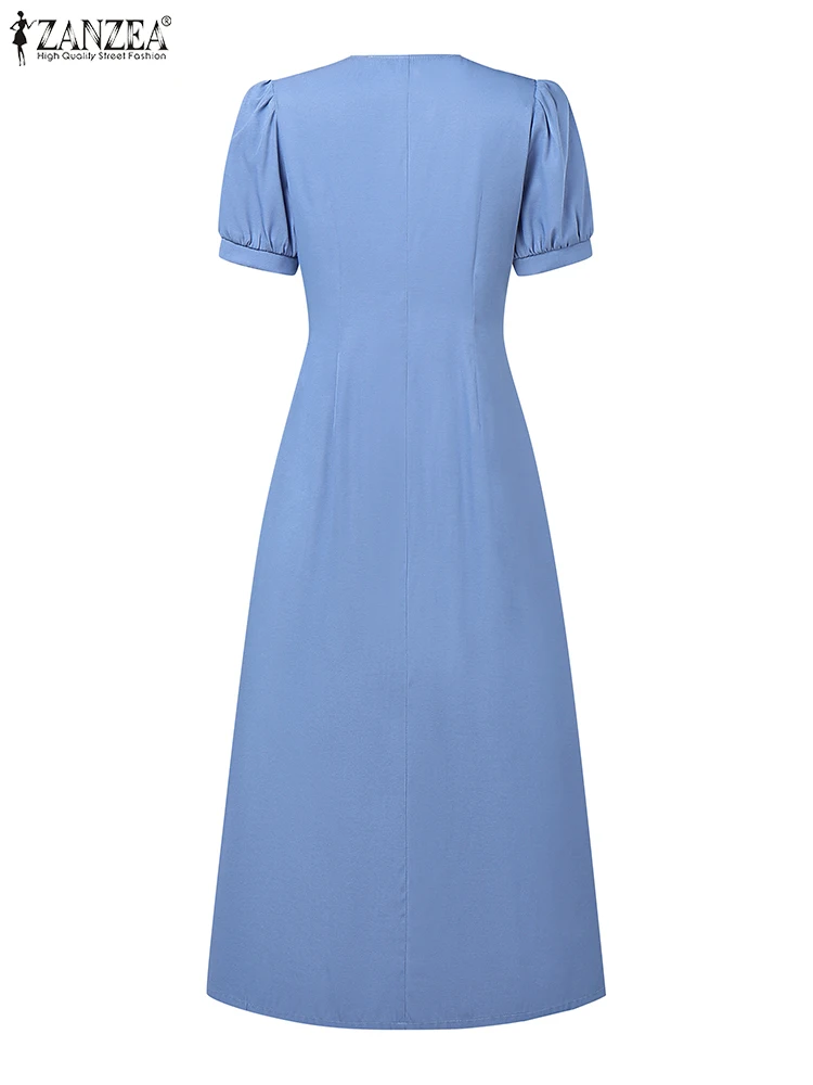 ZANZEA 女性 V ネック A ラインローブファムカジュアルボタンアップエレガントなショートパフスリーブミディドレス 2025 夏デニムルックロングドレス