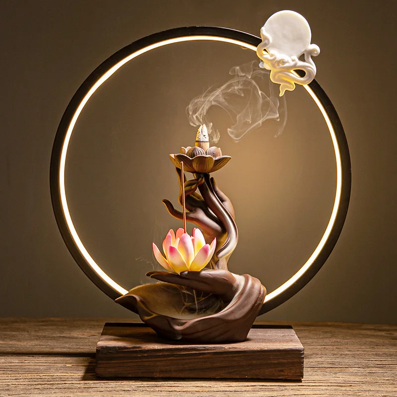 Buddha Hand Backflow Incense Burner Waterfall Incense Burner Lotus Holder Censer Fragrance Stand Ceramic  Decoration