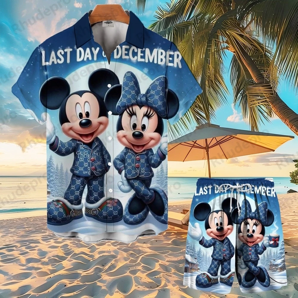 

Disney 2025 Новый комплект гавайской рубашки с 3D принтом, мужской и женский модный комплект шорт с короткими рукавами и пуговицами для мальчиков с Микки Маусом