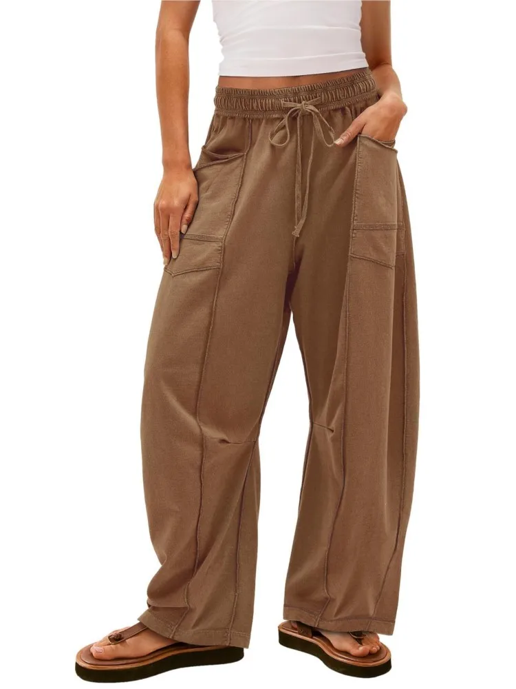 New Autumn Women's Casual Loose Pocket Wide-leg Sports Pants Fashion Solid Drawstring Waist Casual Pants Jogging Sportswear