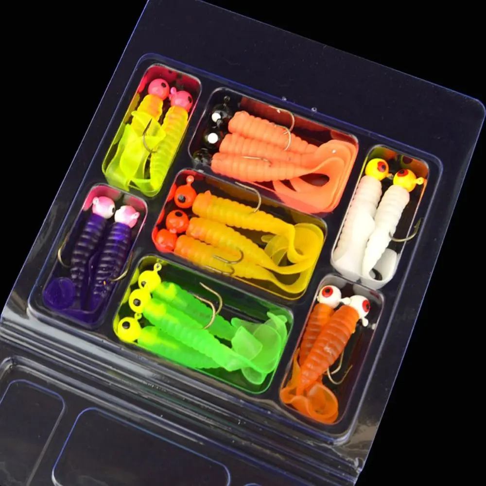 34pcs 1 Set Metal Jig Head Fishing Hooks Soft Fish Bait Set Lightweight Storage Box Fishing Lures Portable Soft