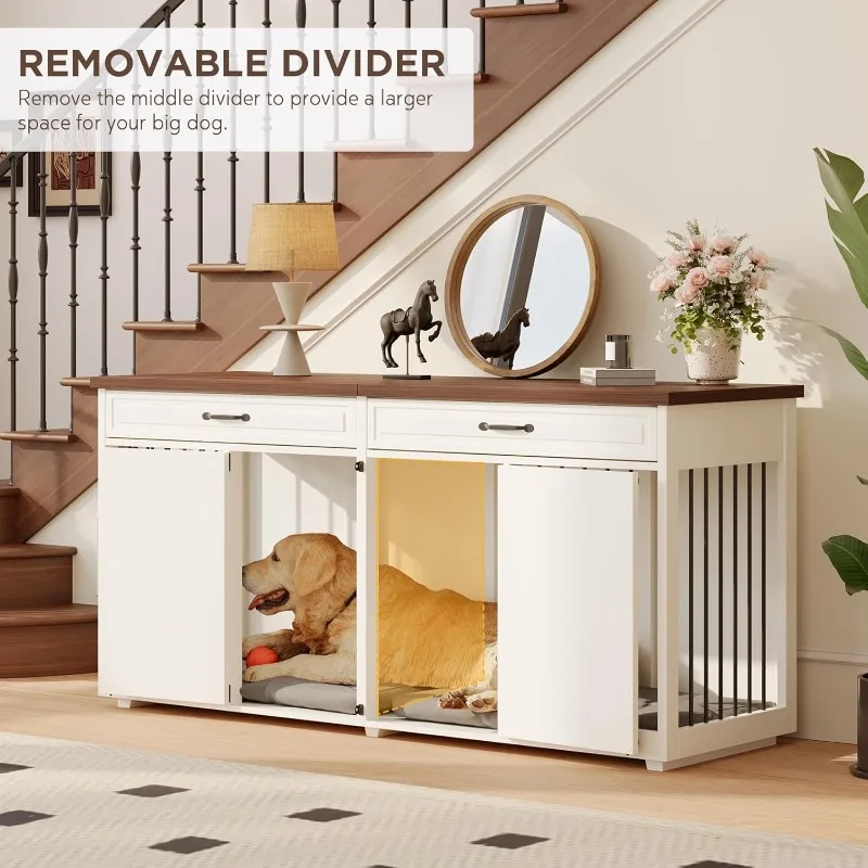 Furniture Style Dog Crate - Indoor Wooden Dog Kennel Furniture with 2 Drawers & Room Divider - 72