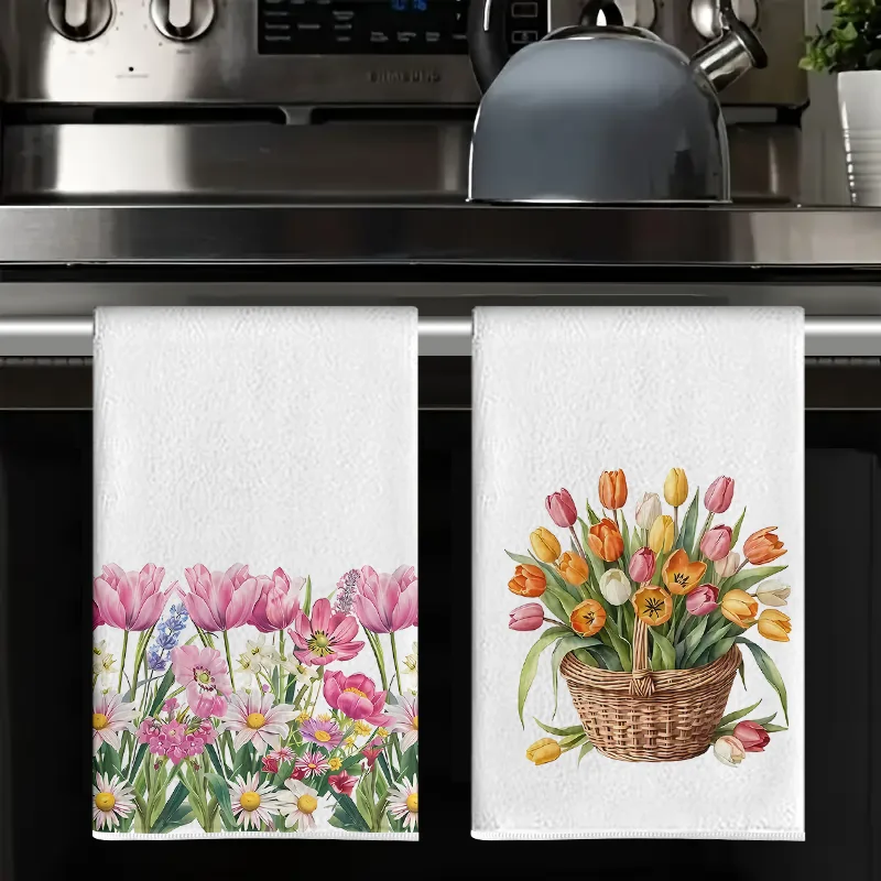 2Pcs, Rattan Basket Pink-Orange Tulip Kitchen Towels, 40Cm*60Cm Towel Set, Super Absorbent Soft Cleaning Cloth, Cooking and Baking Tea Towel, Hand Towel, Cleaning Cloth, Dishcloth, Kitchen Decoration, Living Room Decorations, Kitchen Essentials, Home Essentials