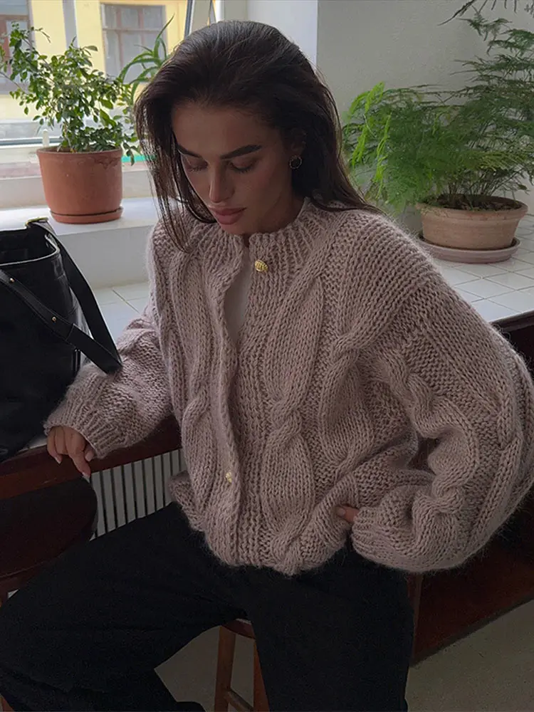 Cardigan da donna in maglia tinta unita con bottoni floreali girocollo maniche lunghe per maglieria monopetto primavera autunno