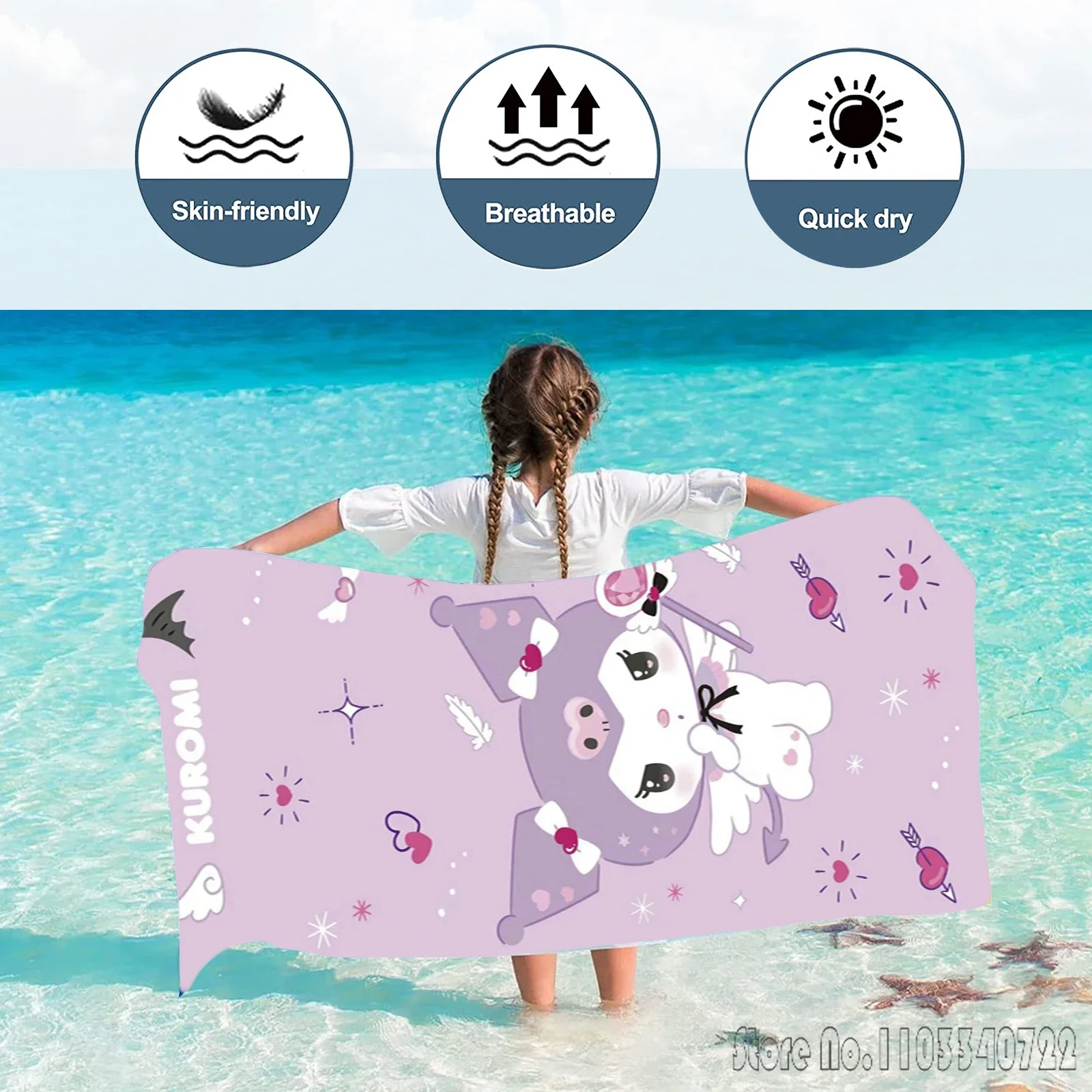 Cartoon Kuromi Admire Bath Towels Microfiber Beach Swimming Towel Decor for Kids Gift 75x150cm