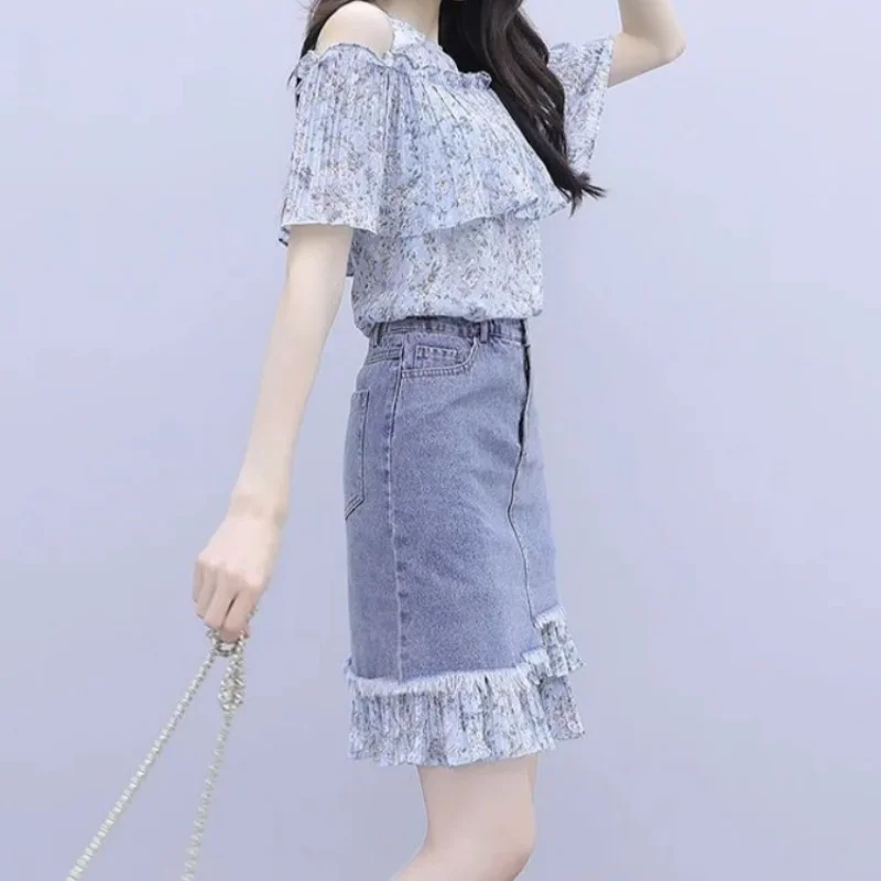 Kawaii Skirt Printing Women's Two Piece Set Denim Short Sleeve Commuting Midi Pink Female Outfits Full Clothing New Arrivals